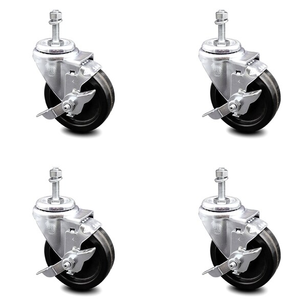 4 Inch Phenolic Wheel Swivel 10mm Threaded Stem Caster Set with Brake SCC
